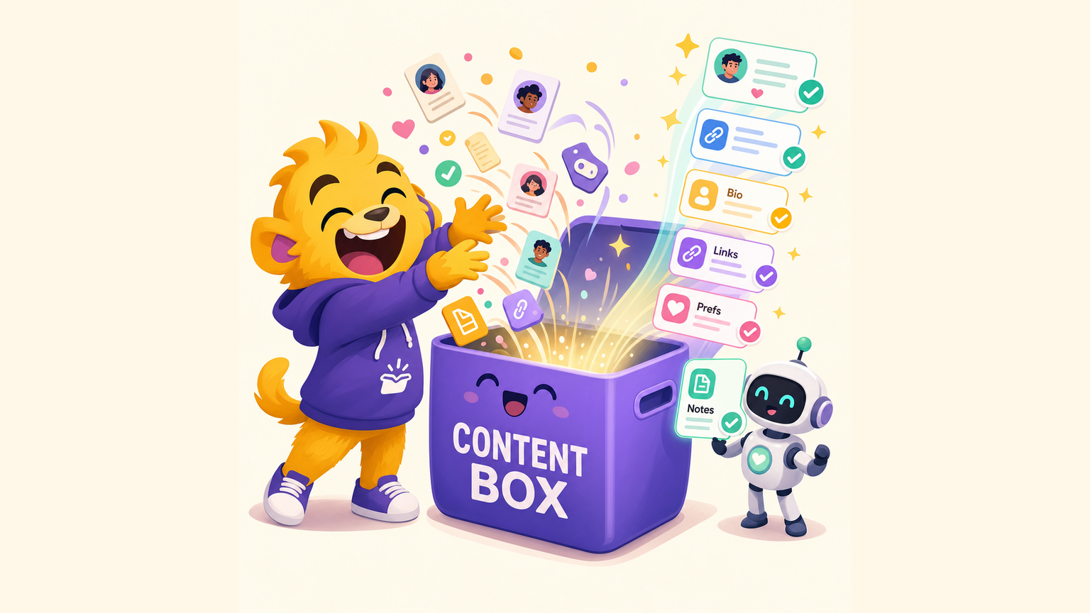 Graphic: playful mascot putting data cards into a box labeled Content Box.